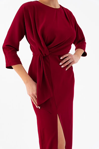 Lafaba Kadın Bordo Yırtmaçlı Midi Saten Davet Elbisesi