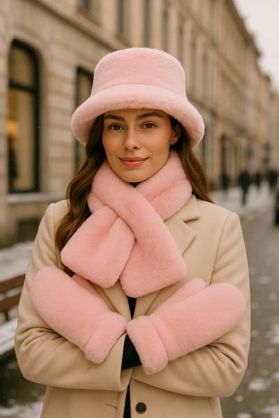 Luminos Butik Women's Winter 3-Piece Fur Set (Hat + Scarf + Gloves) – Powder, Set04