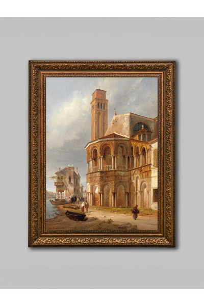 WoodyArts Pictură cu peisajul orașului venicez – cadru antic maro