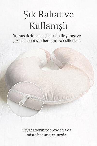 Evimde Bambaşka Minimal Wave Sa deznom jastuk za vrat - mekani pastel bež jas...