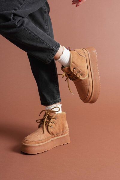 Hayalimdeki Ayakkabı Venessa Kadın Mini Taba Süet Bağcıklı içi Tüylü Düz Taban Bot