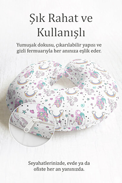 Evimde Bambaşka Jednorog Dugački Jastuk za Vrat Pamuk - Slatki Pastelni Putni...