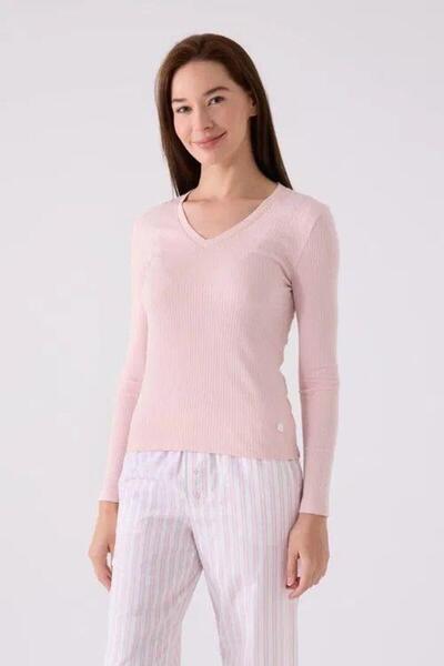 Arnetta Women's V-Neck Knitted Pink Long Sleeve Pajama Set