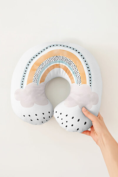 Evimde Bambaşka Pastel Gökkuşağı Bulut Desenli Ergonomik Boyun Yastığı - Modern Çizgili Sarı Mavi Seyahat Yastığı