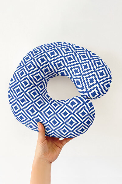 Evimde Bambaşka Geometric Pattern Ergonomic Neck Pillow - Modern Blue White T...