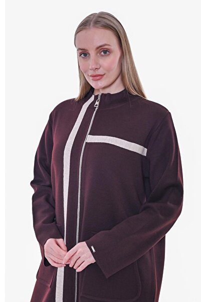 Invee Striped Zippered Knitwear Wool Cardigan Bordo