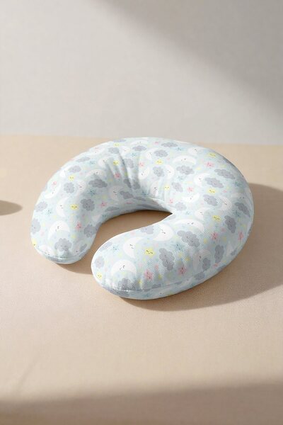 Evimde Bambaşka Moon Cloud Star Patterned Cotton Neck Pillow - Pastel Blue Gr...