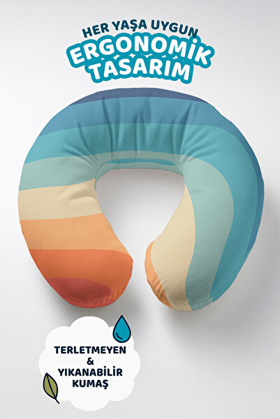 Evimde Bambaşka Pernă pentru gât cu dungi retro colorate - Pernă de călătorie cu model ondulat, albastru portocaliu