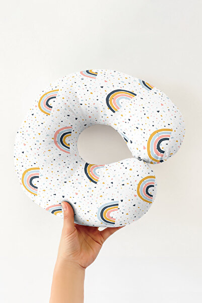 Evimde Bambaşka Pastel Rainbow Patterned Cotton Neck Pillow - Multi-Colored T...