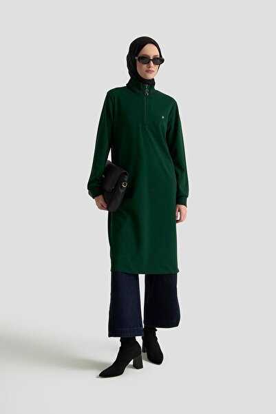 Armine TREND Ribbed Sleeves Half Zipper Tunic Emerald 25Kt456