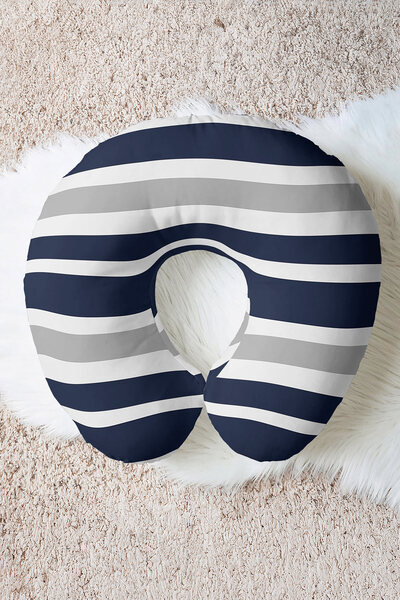 Evimde Bambaşka Pernă pentru gât din bumbac cu dungi gri bleumarin - Pernă moale de călătorie cu tematică marină modernă