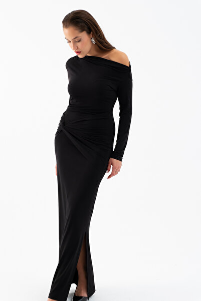 Lafaba Γυναικείο μακρύ πλεκτό φόρεμα με λεπτομέρεια με μαύρο κόμπο