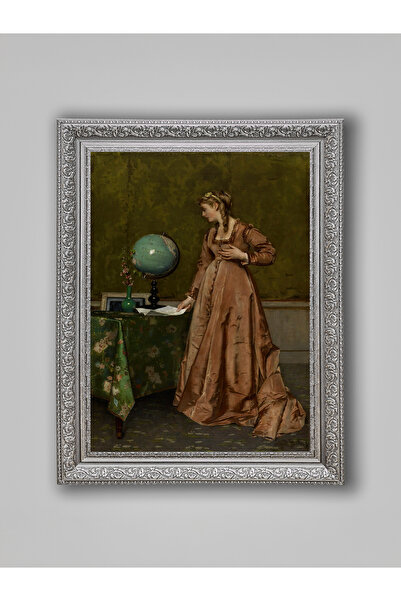 WoodyArts Portrait Painting of a Woman Engaged in Thought in a Globe – Gray Antique Frame