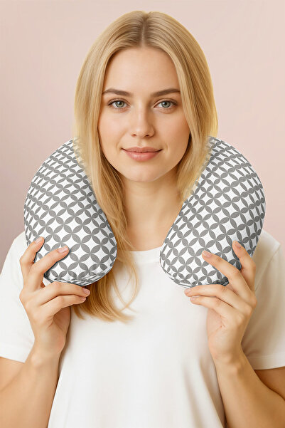 Evimde Bambaşka Pernă pentru gât din bumbac cu modele geometrice - Pernă de călătorie pentru adulți, gri modern, alb