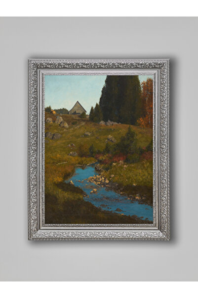 WoodyArts Mountain House Landscape Painting in Nature – Gray Antique Frame