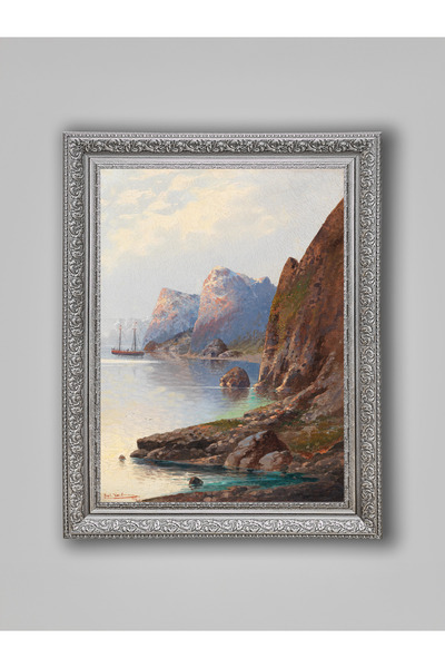 WoodyArts Rough Coast and Sailing Landscape Painting – Gray Antique Frame