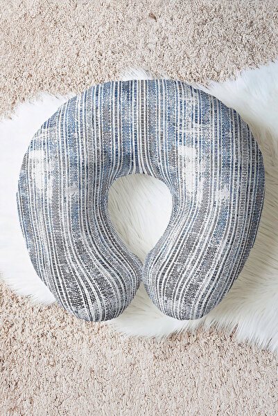 Evimde Bambaşka Striped Blue Gray Pattern Ergonomic Neck Pillow - Modern Text...