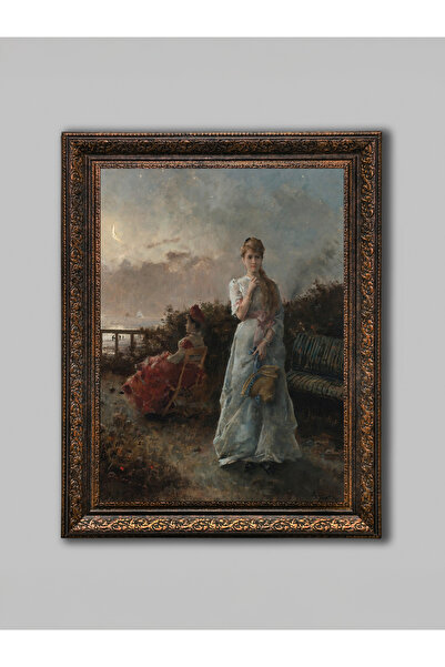 WoodyArts Ay Işığında Sahilde Düşünceli Kadın Tablo – Bronz Eskitme Çerçeve