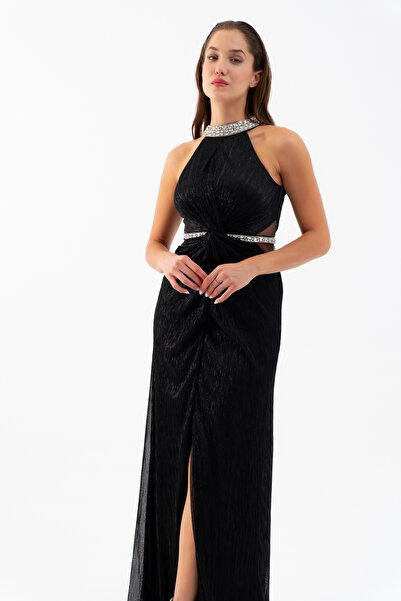 Lafaba Women's Black Halter Neck Stone Long Evening Dress