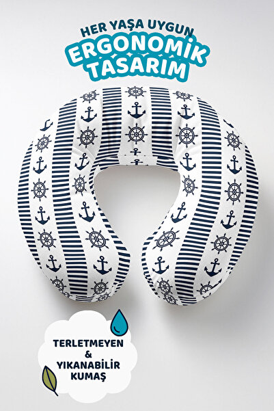 Evimde Bambaşka Marin Prugasto Jastuk za vrat u obliku sidra i kormila - Jast...