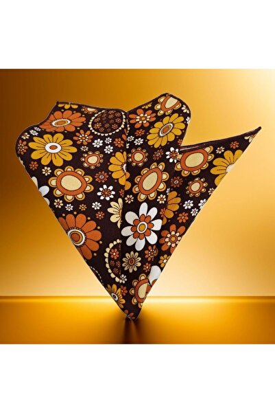 Exve Exclusive Yellow Orange Flower Printed Pocket Accessory Lapel Handkerchief in Brown