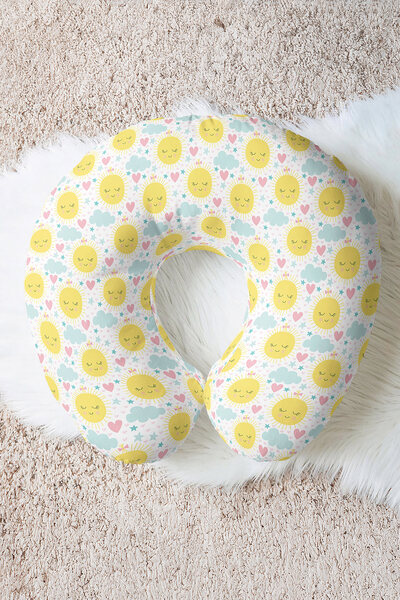 Evimde Bambaşka Sun Cloud Heart Cotton Neck Pillow - Cute Patterned Yellow Bl...