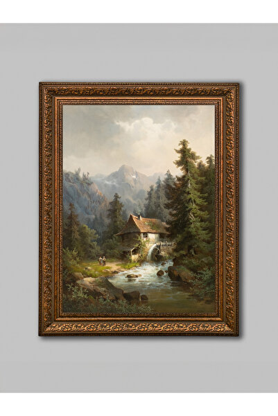 WoodyArts Ζωγραφική με θέα σε καταρράκτη σε βουνό – Καφέ αντίκα κορνίζα