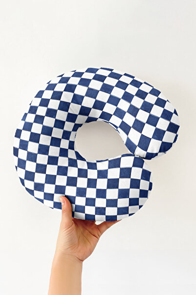 Evimde Bambaşka Navy Blue Plaid Pattern Ergonomic Neck Pillow-Modern Square P...