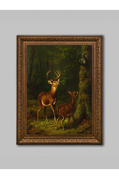WoodyArts Ormanda Geyikler ve Sincap Tablo – Kahverengi Eskitme Çerçeve
