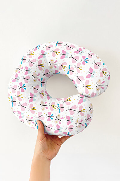 Evimde Bambaşka Colorful Butterfly Pattern Ergonomic Neck Pillow - Pastel Pin...