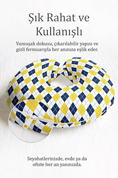 Evimde Bambaşka Žuta, tamnoplava Karirano Pamuk jastuk za vrat - klasični Kar...