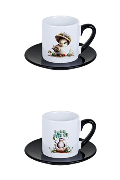 giftkonsept White Bird Printed Black Handle 4-Piece Porcelain Turkish Coffee Cup Set