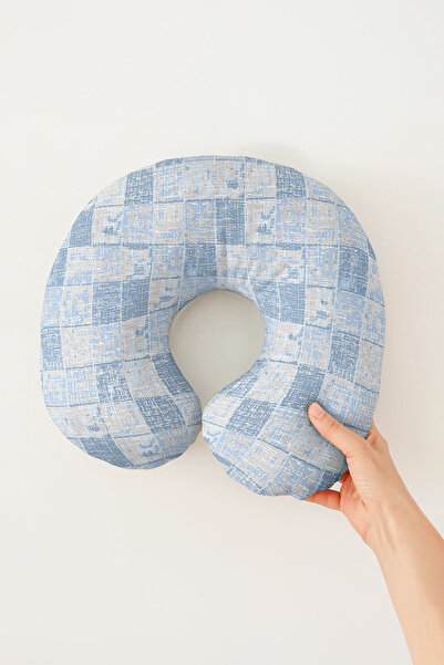 Evimde Bambaşka Plaid Pattern Cotton Neck Pillow - Modern Blue Beige Tones Tr...