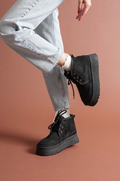 Hayalimdeki Ayakkabı Venessa Kadın Mini Siyah Süet Bağcıklı içi Tüylü Düz Taban Bot