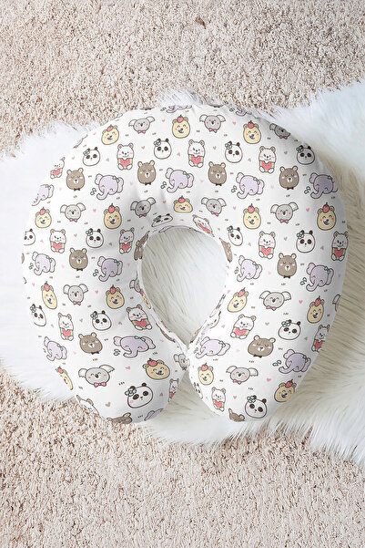 Evimde Bambaşka Pernă de gât din bumbac cu figurine de animale drăguțe - Pernă de călătorie pentru copii și adulți în culori pastel