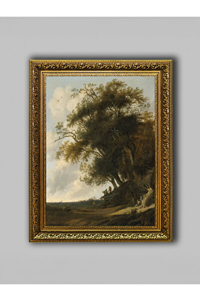 WoodyArts Tablou cu peisaj de copac mare și casă de țară – cadru antic auriu