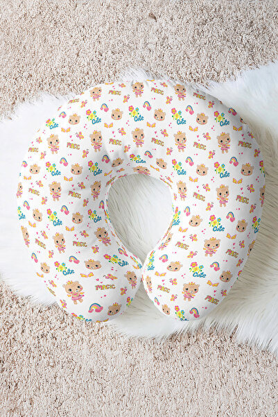 Evimde Bambaşka Cute Teddy Bear Patterned Cotton Neck Pillow - White Travel P...