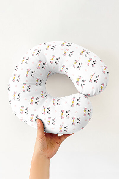 Evimde Bambaşka Cute Crowned Cat Figured Neck Pillow-Princess Themed Pink Whi...