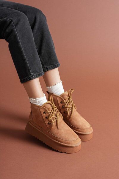 Hayalimdeki Ayakkabı Venessa Kadın Mini Taba Süet Bağcıklı içi Tüylü Düz Taban Bot