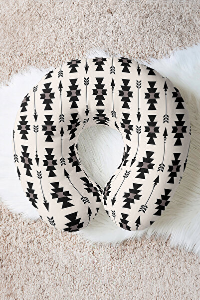 Evimde Bambaşka Pernă pentru gât din bumbac cu model săgeată etnică - Pernă de călătorie moale, modernă, neagră, crem