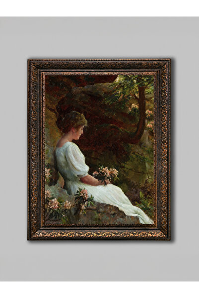 WoodyArts Beyaz Elbiseli Genç Kız Portresi Tablo – Bronz Eskitme Çerçeve