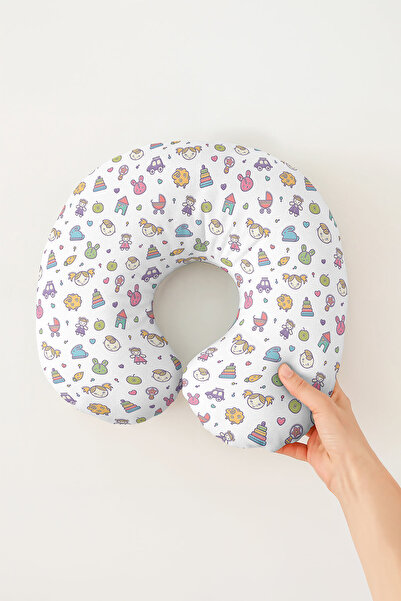 Evimde Bambaşka Pernă de călătorie moale, albă, cu model de jucărie colorată ...