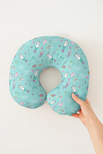 Evimde Bambaşka Pernă de călătorie din bumbac cu model de sirenă drăguță - Pernă de călătorie pentru copii și adulți, turcoaz, cu unicorn