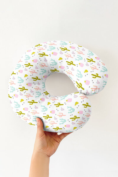 Evimde Bambaşka Cactus Patterned Cotton Neck Pillow - Pastel Colored Soft Tra...