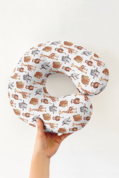 Evimde Bambaşka Pernă de gât din bumbac cu tematică de animale de safari - Pernă de călătorie cu model drăguț de girafă, tigru și maimuță