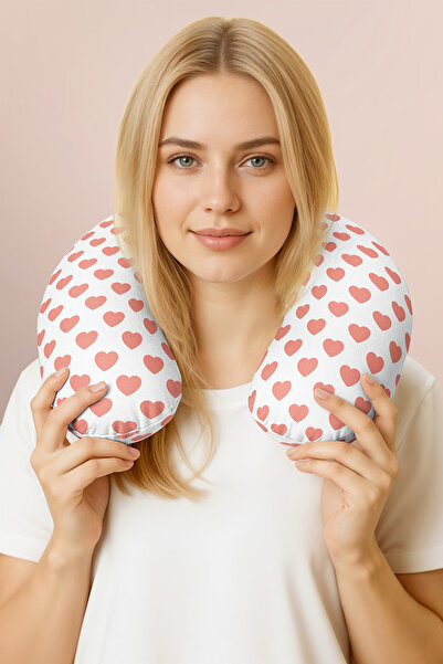 Evimde Bambaşka Red Heart Cotton Neck Pillow - White Red Soft Travel Pillow w...