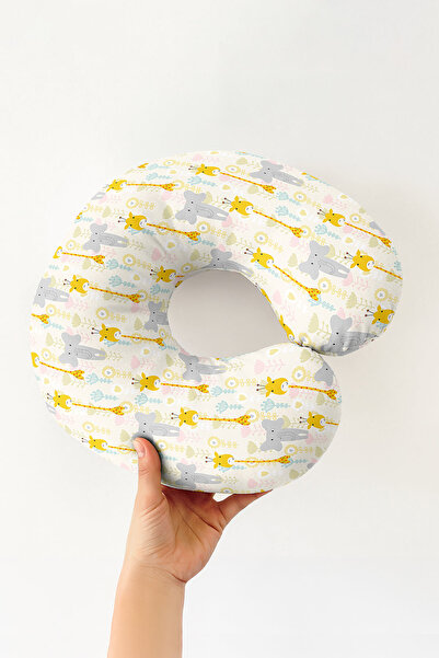 Evimde Bambaşka Pernă de călătorie din bumbac cu model de girafă și elefant - Pastel, galben, gri, pernă de călătorie pentru copii și adulți