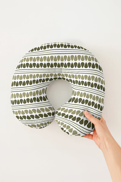 Evimde Bambaşka Olive Green Geometric Pattern Neck Pillow - Natural Modern De...
