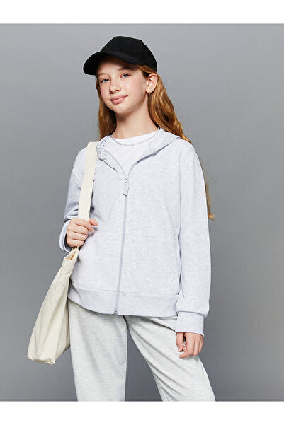 LC Waikiki New Season Hooded Basic Long Sleeve Girls Zippered Sweatshirt