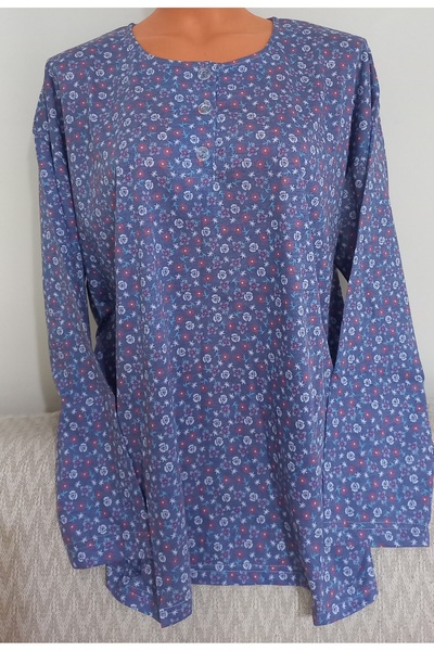 Anne Er Clothing Paper Print Combed Cotton Blouse Long Sleeve 3 Button Decorated Crew Neck